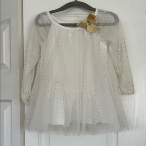 Girls' Cream Tulle Formal Dress with Gold Bow Accent